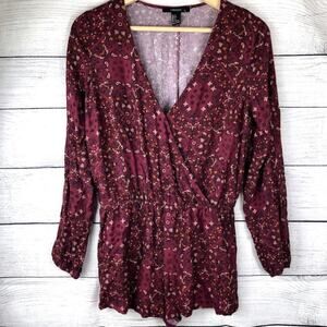 Forever 21 Burgundy Long Sleeve Paisley Printed RomperS